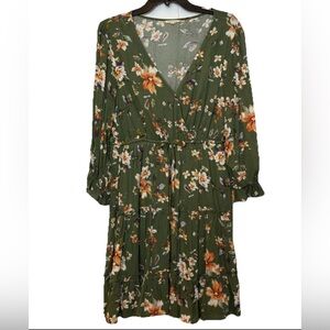 Jodifl brand, green floral dress, long sleeves and tie waist. Size small.